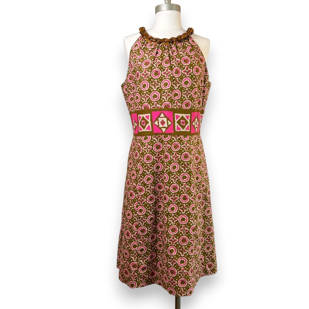 Jessica Howard Y2K Dress 12 Linen Geometric Halter Lucite Chain Neck Pink Brown